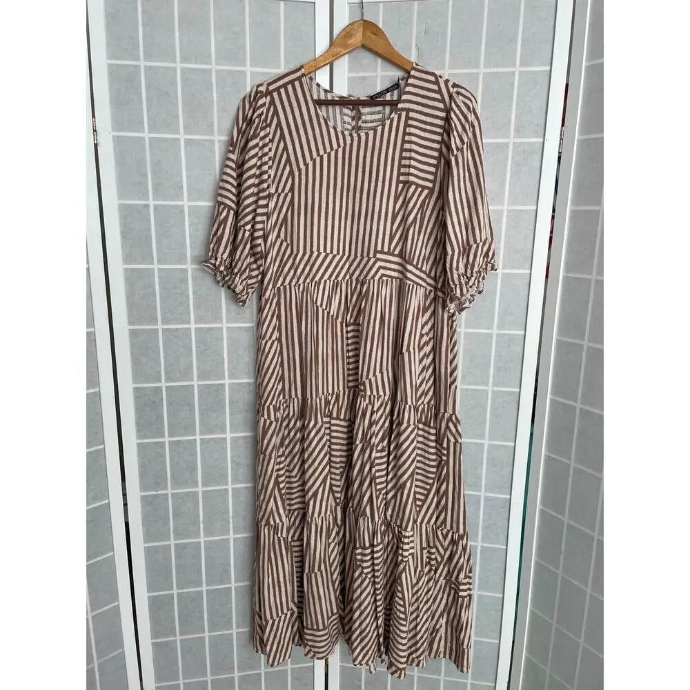 Mister Zimi Lottie Sahara Maxi Dress 12 Neutral Stripe Boho Lagenlook Pockets - Picture 2 of 9